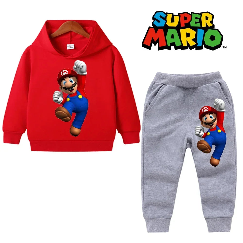 Red hoodie and gray pants with Super Mario character on a white background