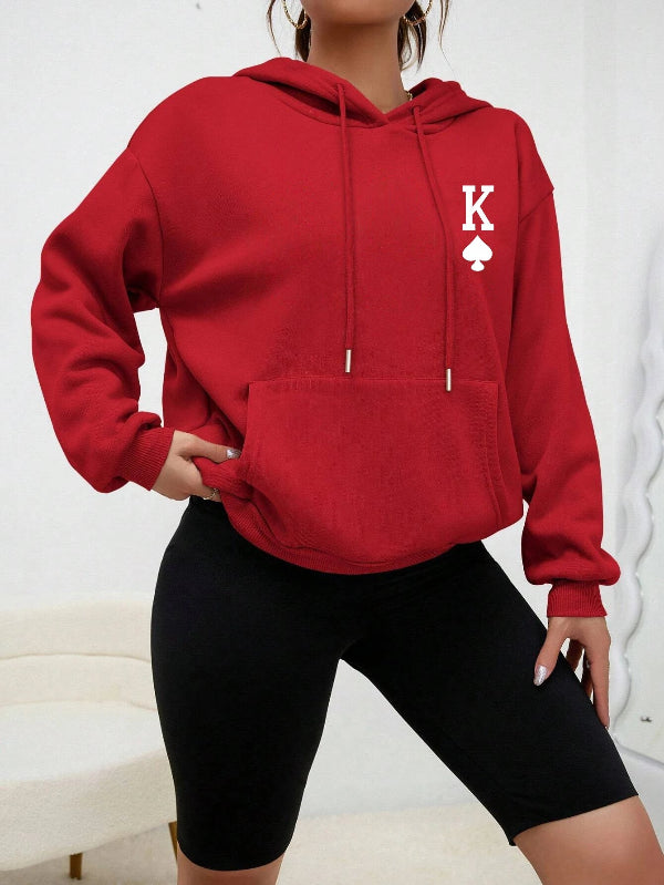Women’s casual Poker K printed hoodie with pocket, streetwear style sweatshirt for autumn - 1. red