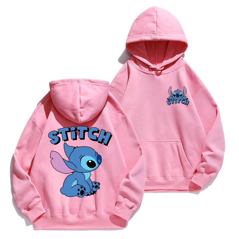 Loose fit Stitch cartoon hoodie with anime design, cozy for autumn/winter, perfect for couples or fans of cute American-style hoodies pink and blue stitch