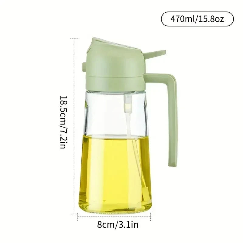 Green oil bottle with measurements and oil level on a white background
