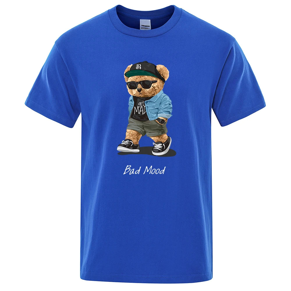 Blue t-shirt with a bear graphic and 'Bad Mood' text on a white background