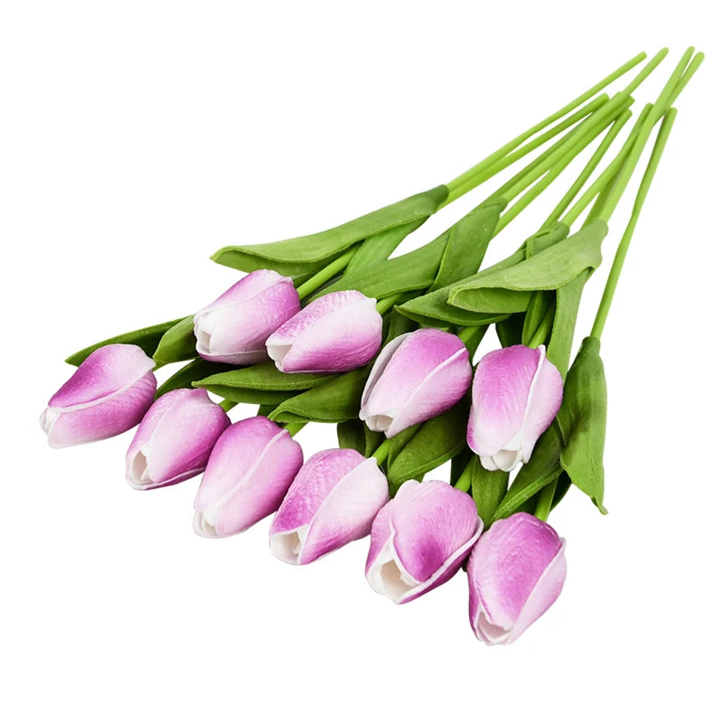 10PCS real touch artificial tulip flower bouquet for wedding, home, or garden decoration-purple and white