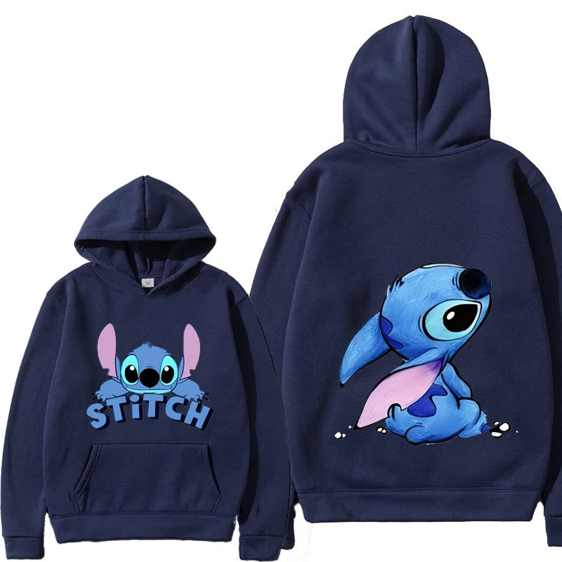 Navy blue hoodie with cartoon character on front and back