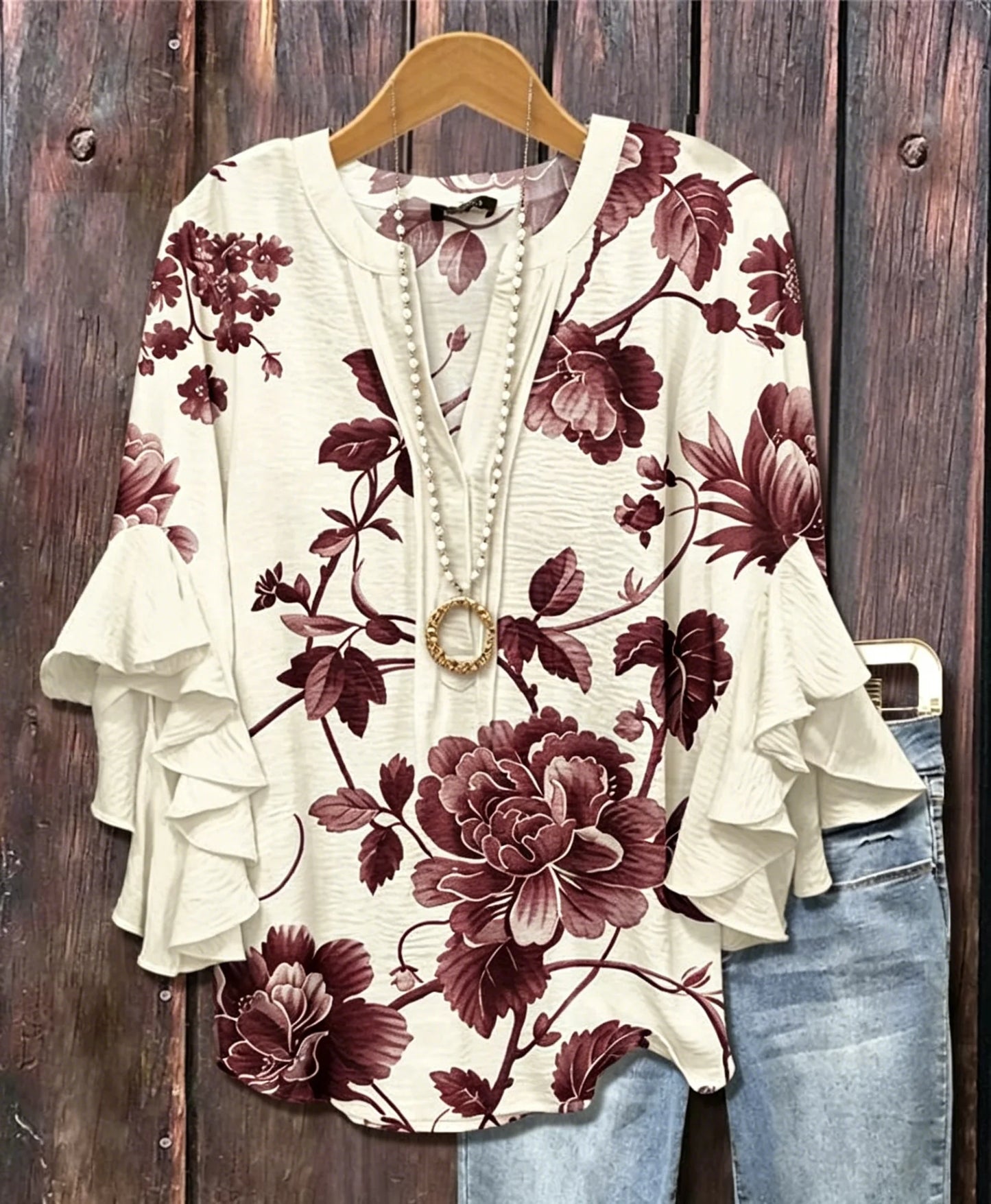 Women's V Neck Ruffle Half Sleeve Floral Print Blouse, Casual Daily Holiday Tops White Green Spring Summer