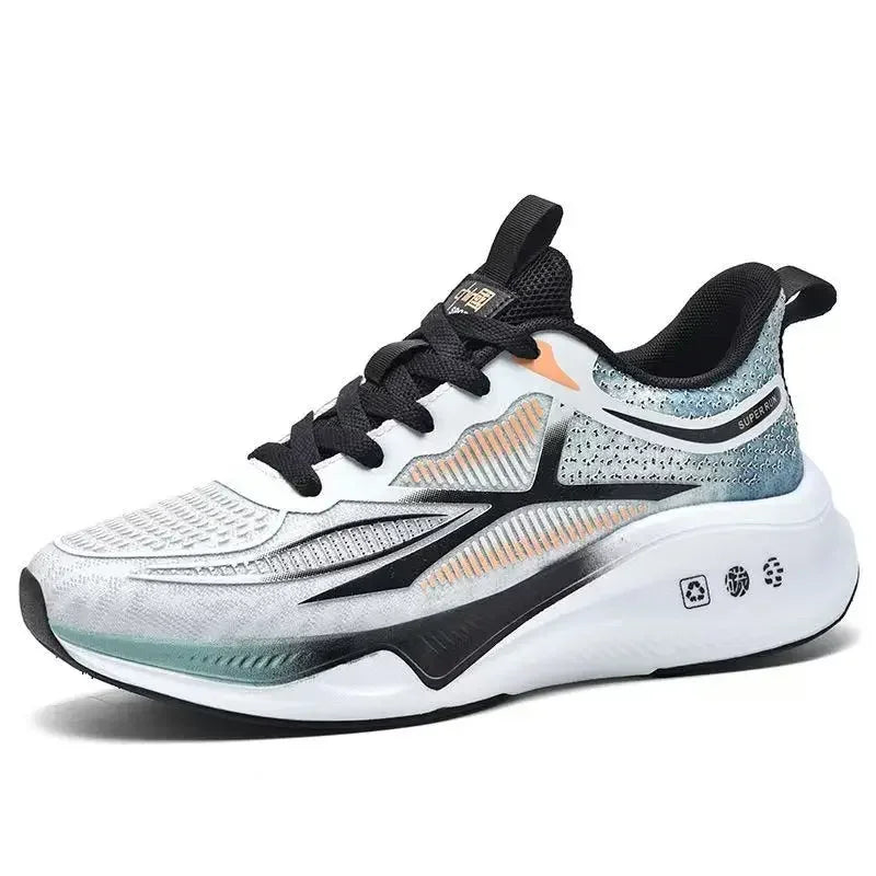 White running shoe with black and gray accents on a white background