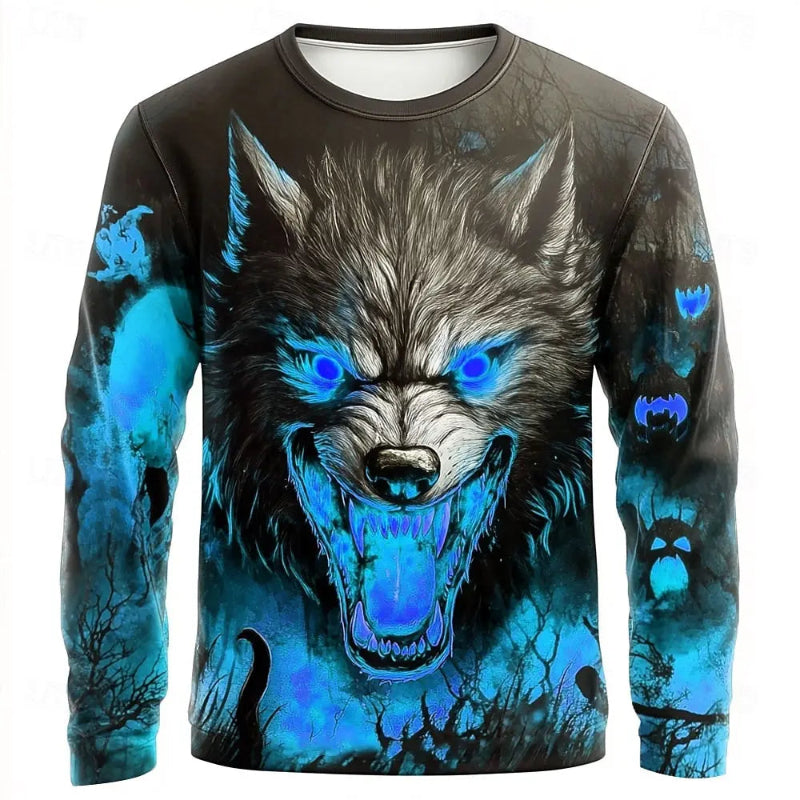 Sweatshirt with a wolf design featuring blue glowing eyes on a dark background.