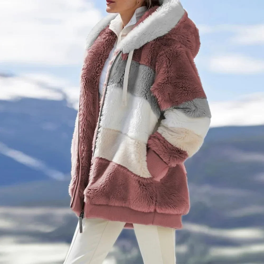 Faith Winter Fashion Women's Hooded Thick Cashmere Coat with Plaid Stitching - Burgundy