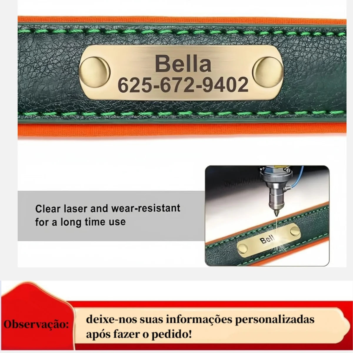 Personalized leather name tag with gold plate on green leather, showing laser engraving process.