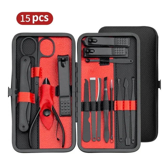 A 25-piece manicure set displayed in an open black case with yellow accents, including various nail clipppers, scissors, and other nail care tools.