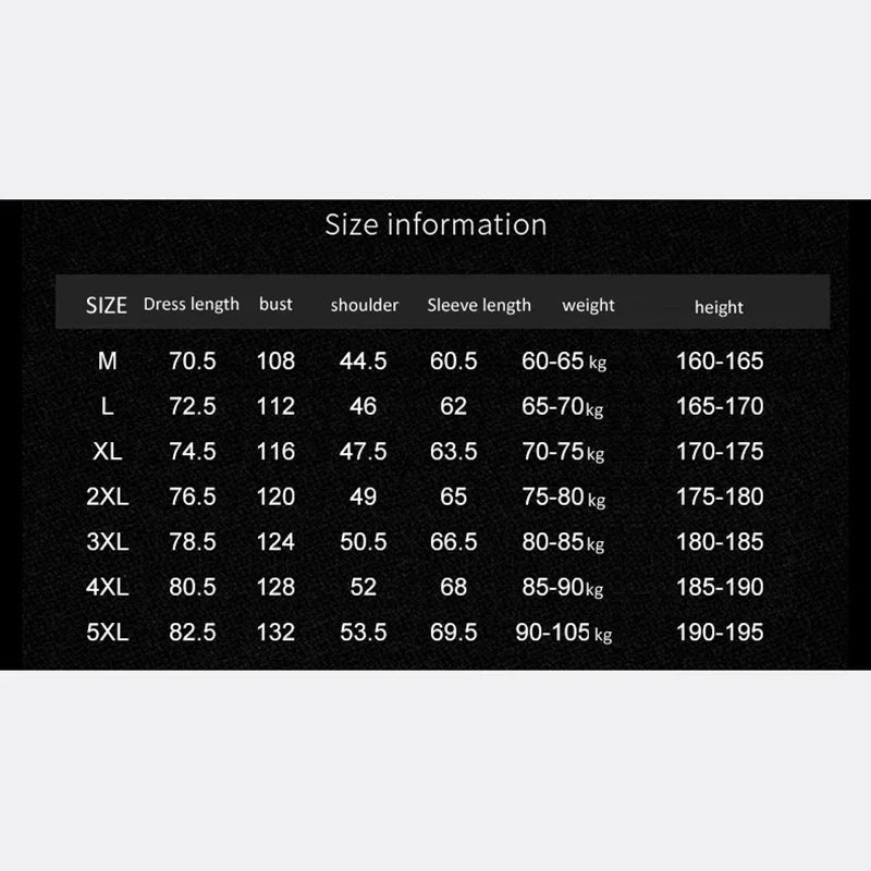 Size information chart for dresses with measurements and weight ranges.