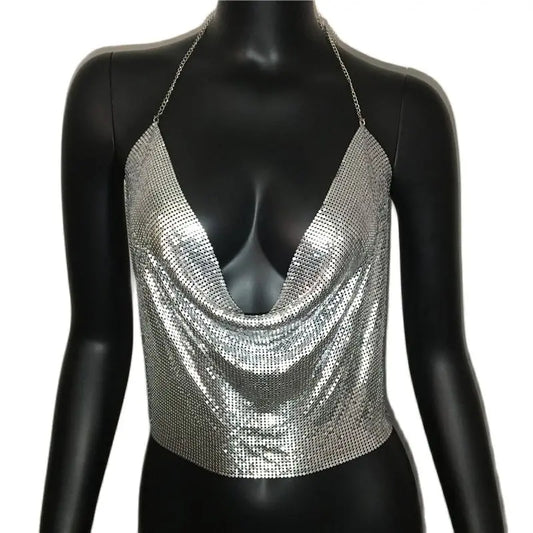 Women’s Metal Sequin V‑Neck Backless Crop Top – Party Tank