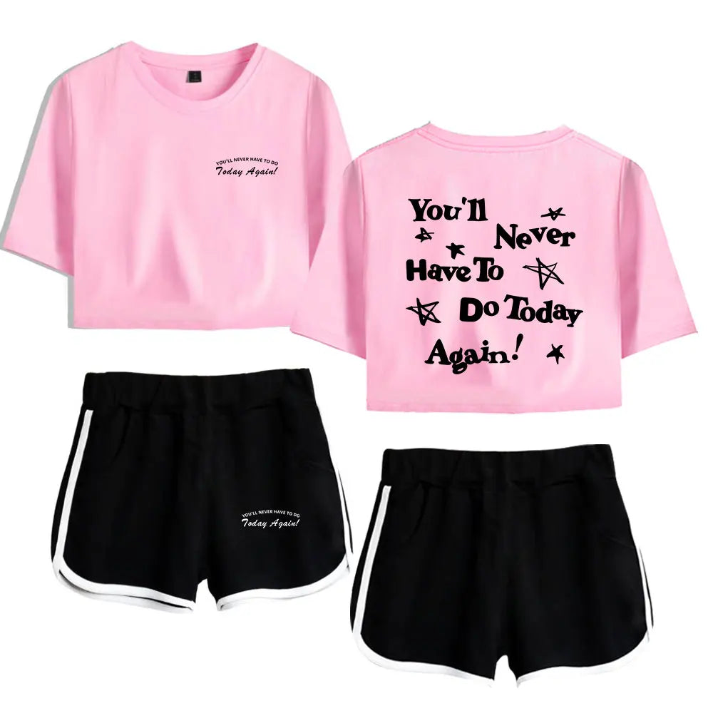 Pink t-shirts and black shorts with humorous text on a white background