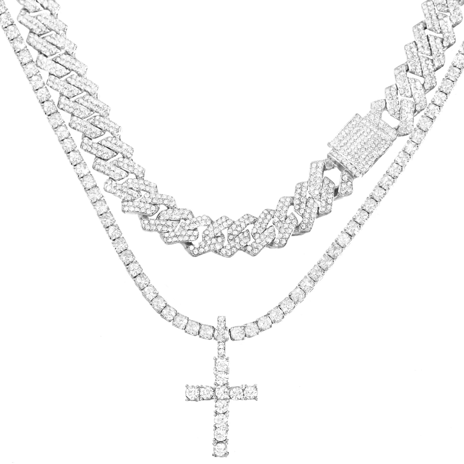 2pcs iced out hip hop Cuban chain and cross tennis necklace for men and women  - silver color 03