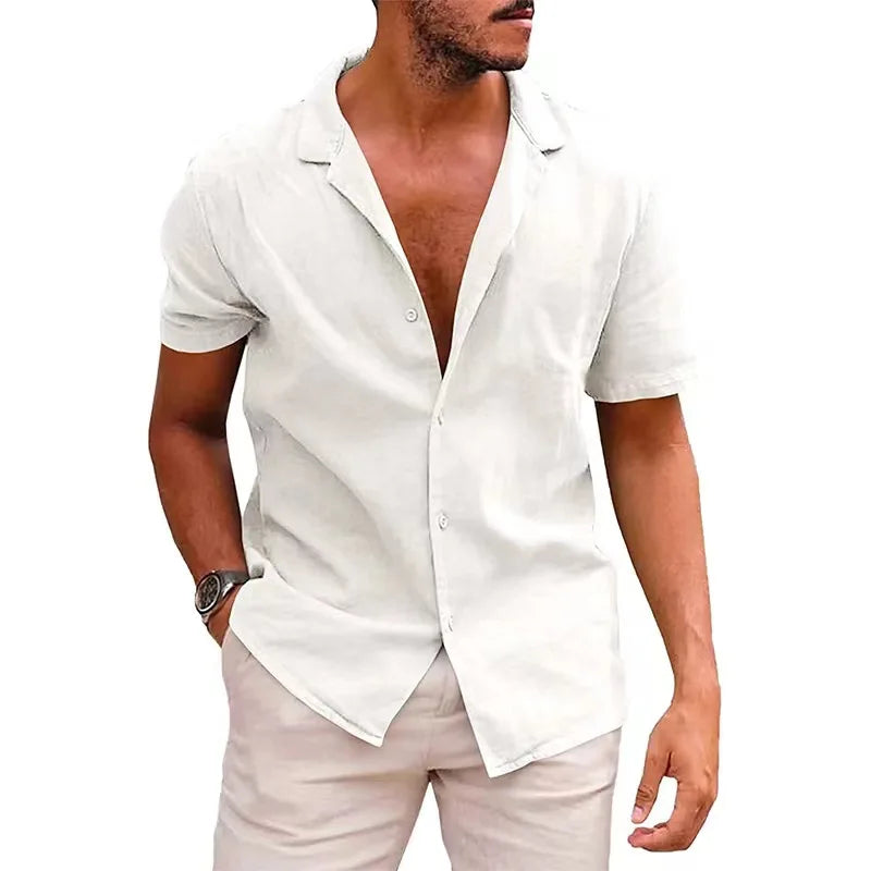 Man wearing a white open-front shirt with short sleeves on a white background