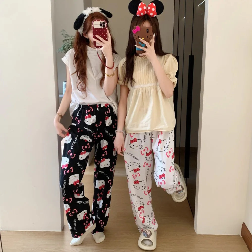 Hello Kitty women’s summer pajama pants with cute cartoon print, loose casual fit, perfect for lounging  black and white
