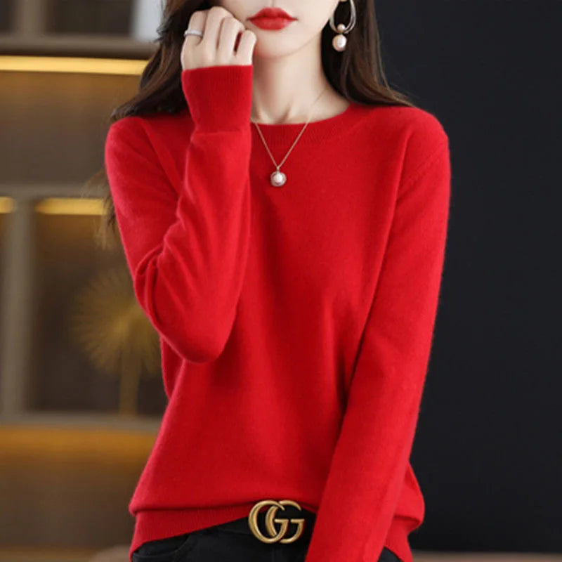 Women’s long-sleeved solid color knit pullover sweater with O-neck red