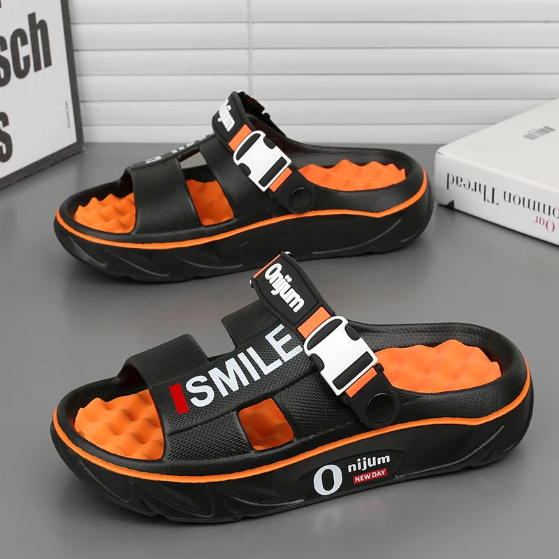 2025 men’s massage slippers soft indoor outdoor beach sandals slides clogs casual home shoes for men and women black and orange