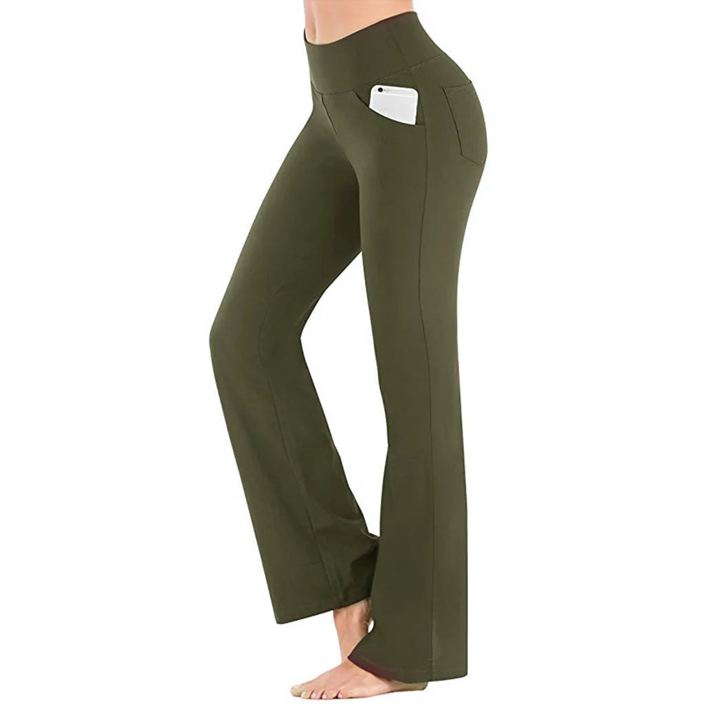 Women’s elegant high-waisted palazzo trousers with wide flared legs, designed for professional or formal wear green