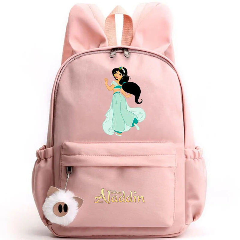 Pink backpack with Aladdin character design on a white background