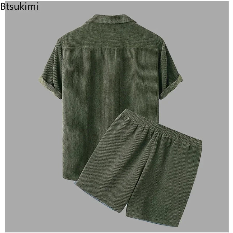 Green corduroy shirt and shorts set on a gray background with 'Btsukimi' branding.