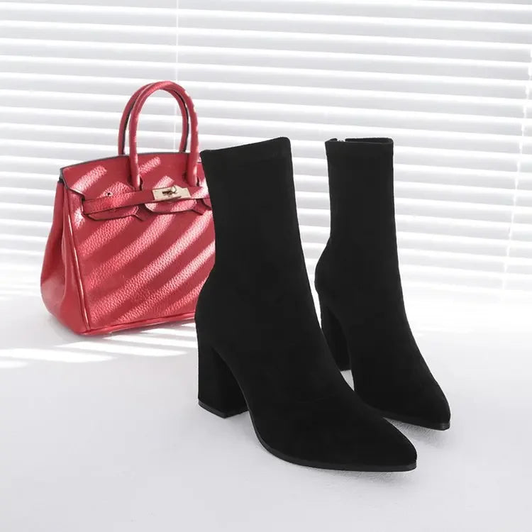 Women’s ankle chunky high heel Chelsea boots in frosted suede with pointed toe and warm sock fit, black  - 3