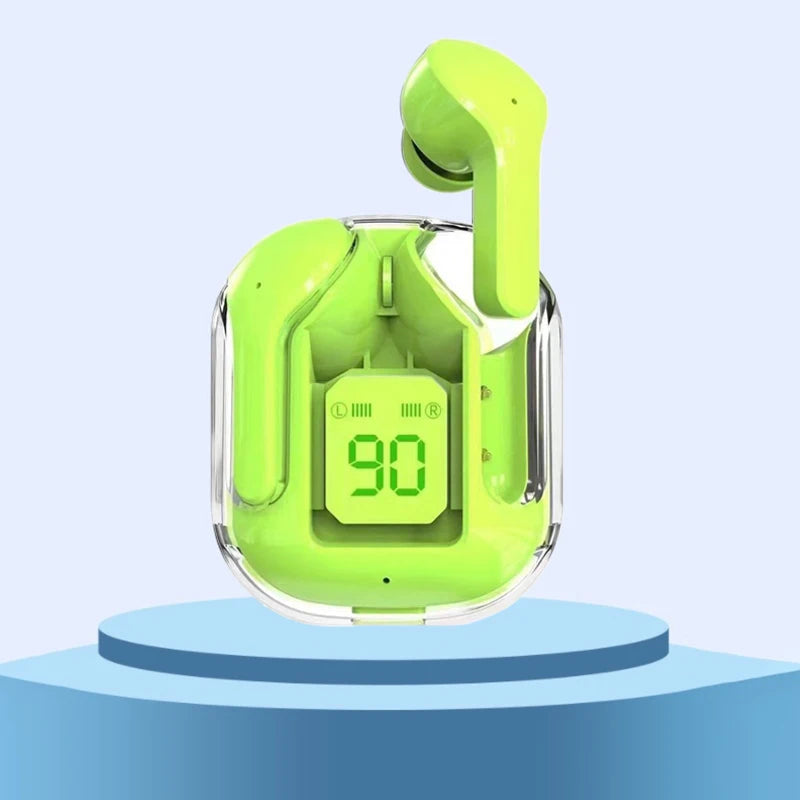 TWS wireless Bluetooth earbuds with transparent case, LED display, ENC mic, and stereo sound  green6
