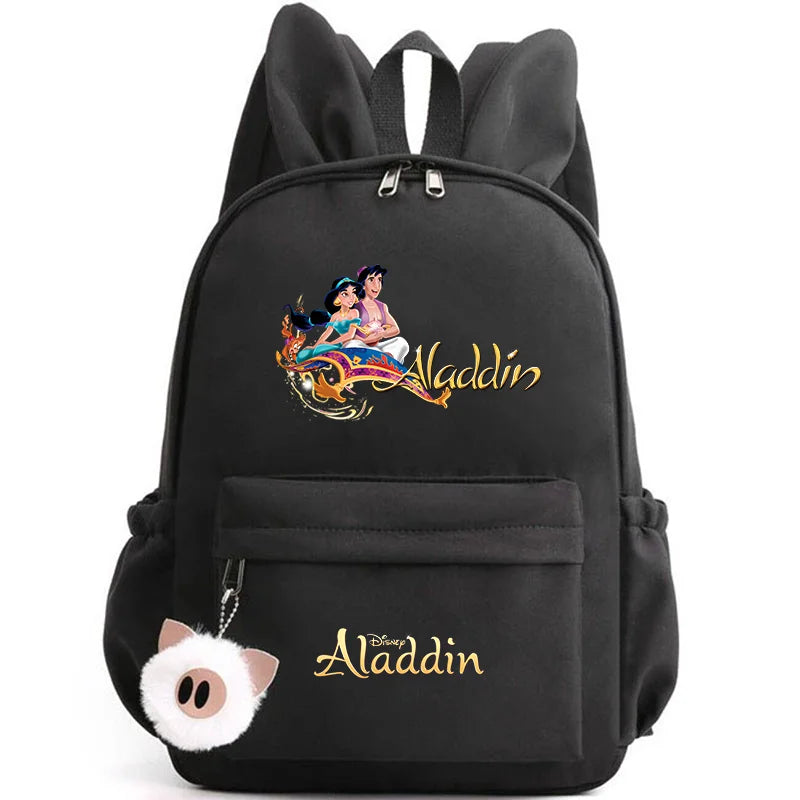 Black backpack with Aladdin and Jasmine design on a white background