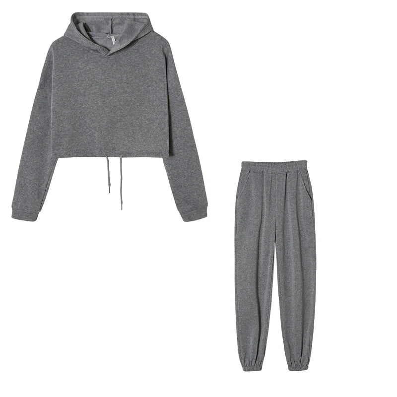 Women’s fashion two-piece sportswear set with long sleeves and high-waist casual pants in neutral tones dark gray