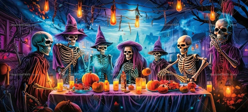Skeletons in colorful hats around a table with pumpkins and drinks in a Halloween-themed setting.