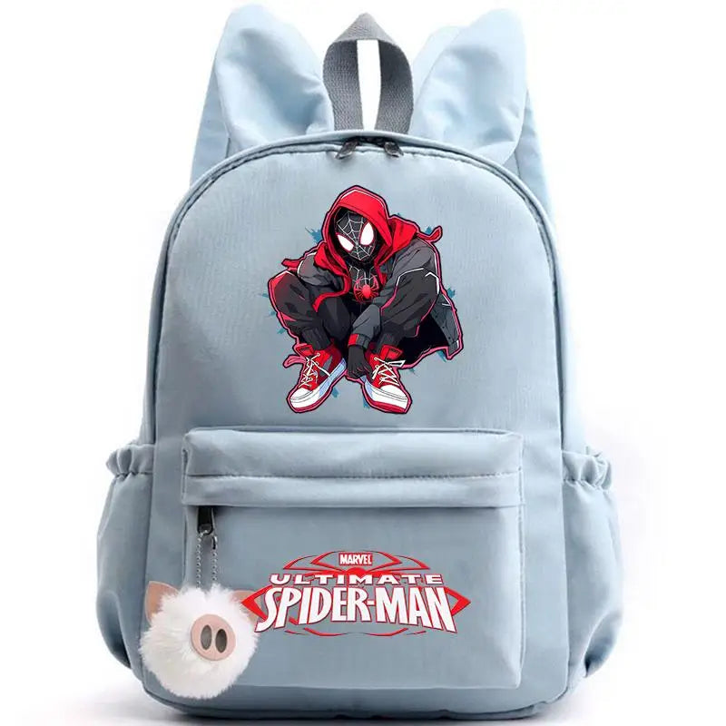 Light blue backpack with Spider-Man design on a white background