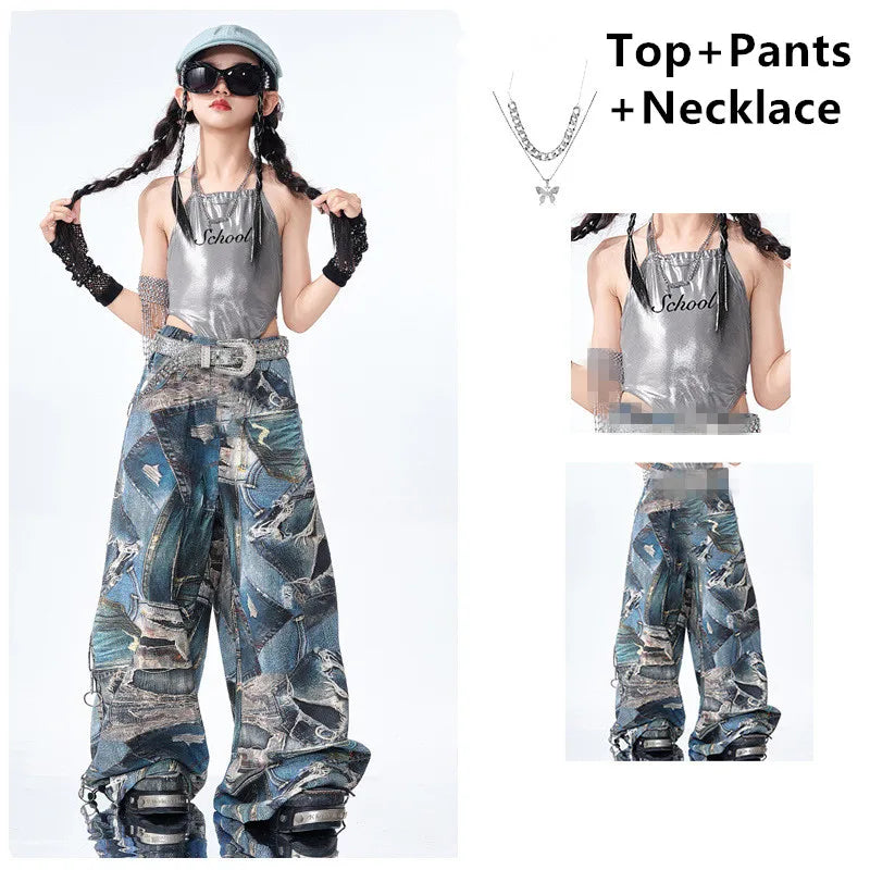Fashion outfit with top, pants, and necklace on a white background