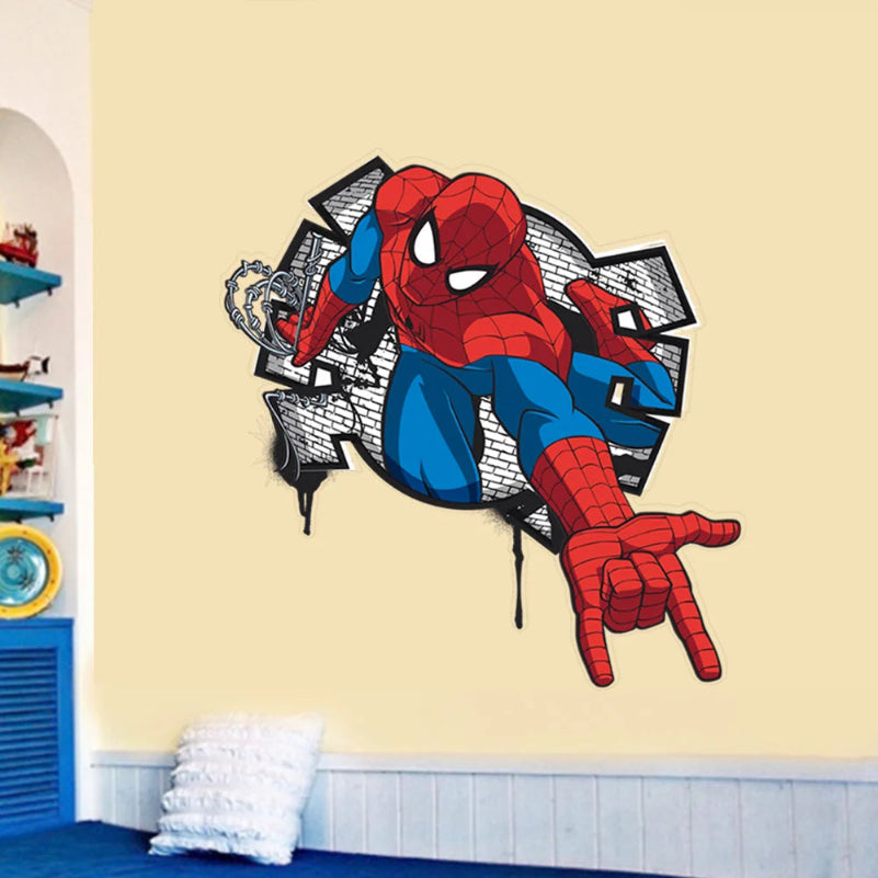 Spider-Man wall decal on a yellow wall with shelves and towels in the background