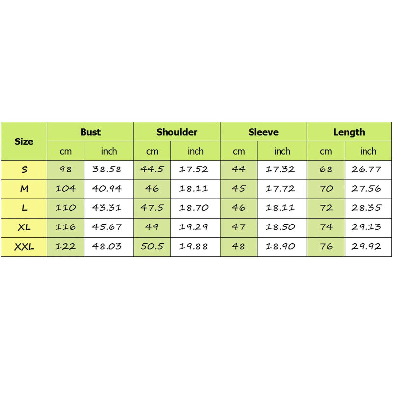 Measurement chart for clothing sizes S to XXL with dimensions in centimeters and inches.