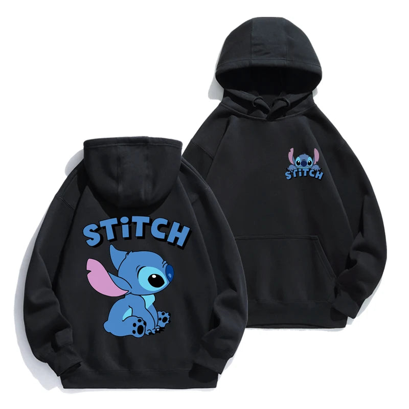 Loose fit Stitch cartoon hoodie with anime design, cozy for autumn/winter, perfect for couples or fans of cute American-style hoodies black and blue stitch