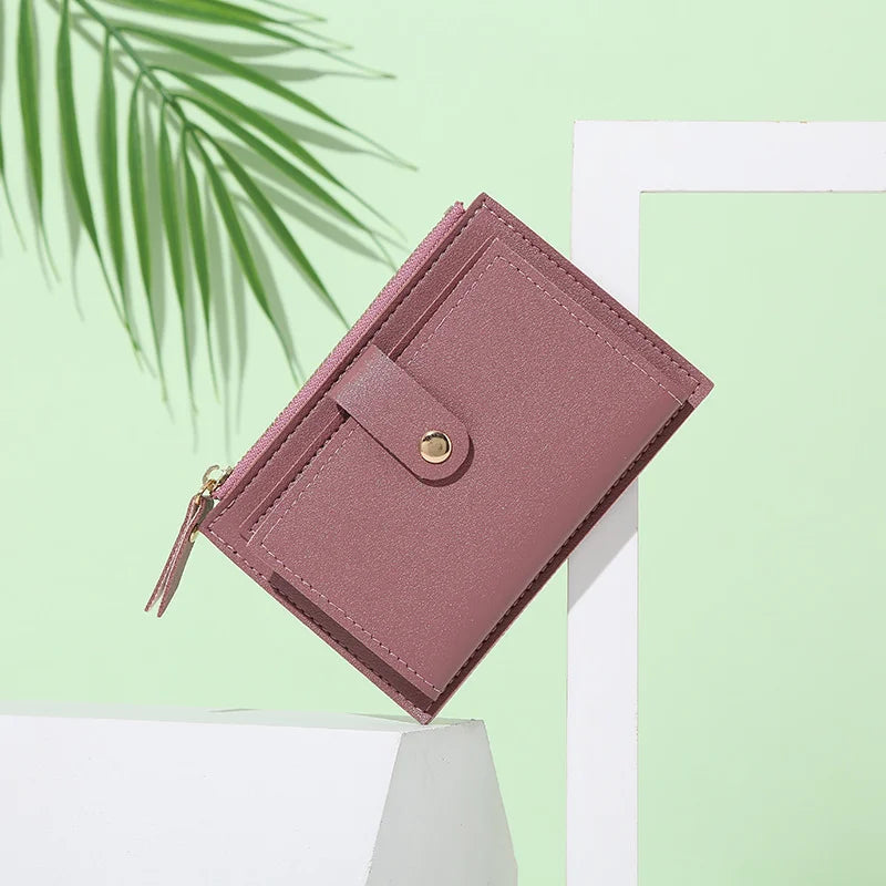 Women's PU leather mini wallet with zipper, hasp, and multi-card slots- purple