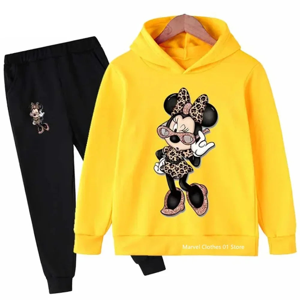 Children’s Minnie Mouse hoodie and pants set for boys and girls, cozy long sleeve outfit yellow