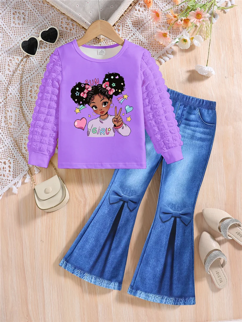 Girls' spring and autumn fashion set with white cartoon long sleeve top and solid color slimming pants, two-piece outfit purple blue