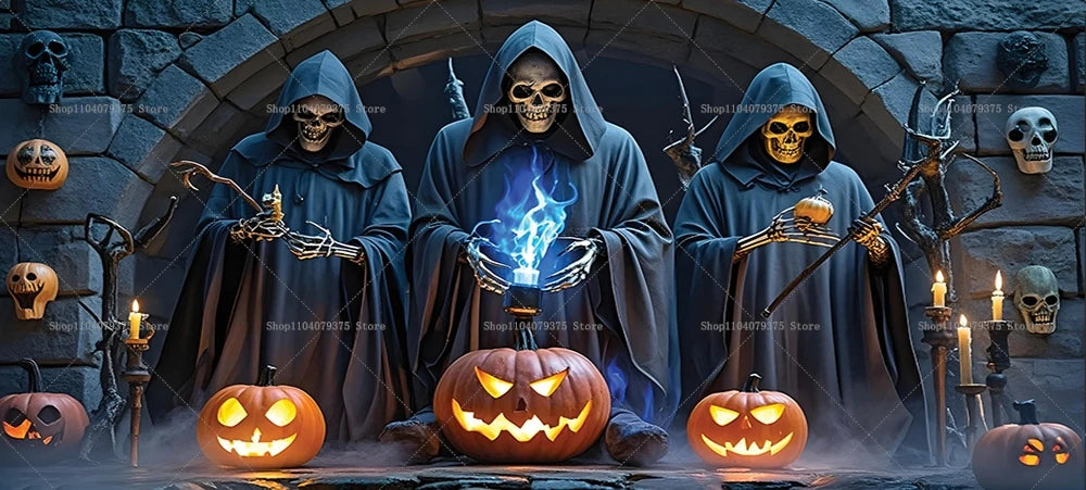 Three hooded figures in dark cloaks with glowing blue hands, surrounded by jack-o'-lanterns and candles in a stone archway.