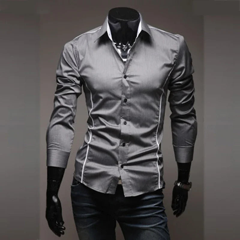 Men’s Slim White Striped Shirt – Long Sleeve Business Casual Top