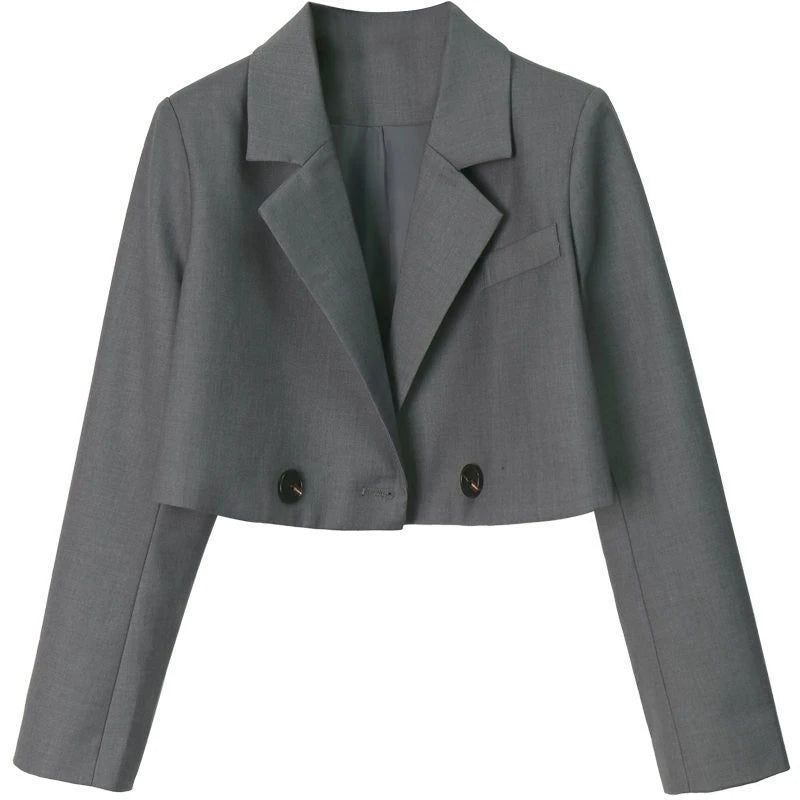 Cropped blazer for women – trendy Korean style notched slim fit chic solid color fashion suit outwear gray