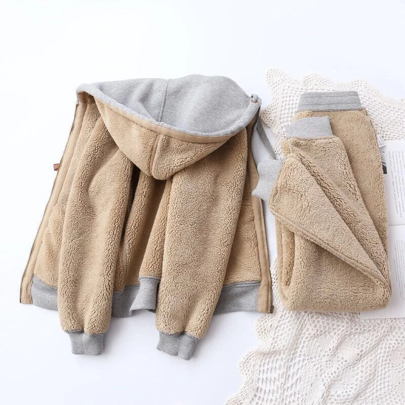 Beige fleece jacket with gray trim on a white background
