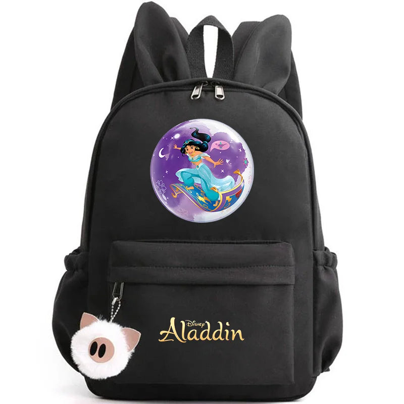 Black backpack with Aladdin character design on a white background