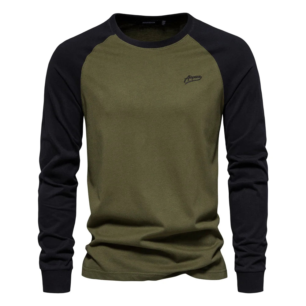 AIOPESON men's 100% cotton long sleeve patchwork casual t-shirt -green and black