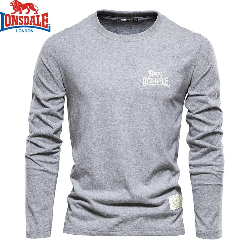 Men’s embroidered LONSDALE 100% cotton long sleeve round neck T-shirt – casual and outdoor sportswear. light gray