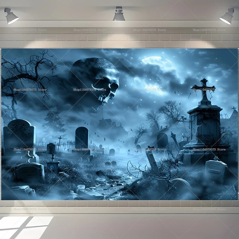 Gothic-style cemetery with tombstones and a moonlit sky in a room setting.