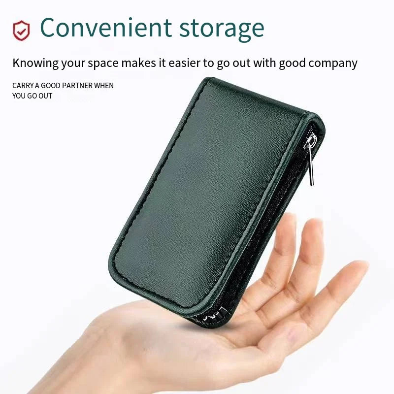 Green zippered case held in a hand with promotional text about convenient storage.