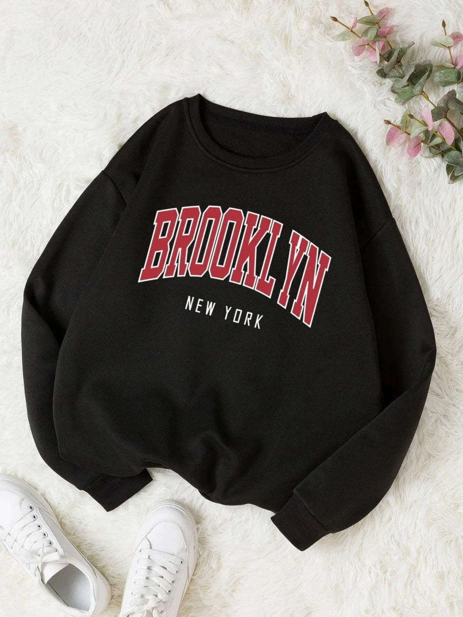 Brooklyn New Work Printed Hoodie Women’s Cotton Colorful Casual Top - black