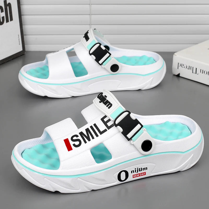 2025 men’s massage slippers soft indoor outdoor beach sandals slides clogs casual home shoes for men and women white and blue