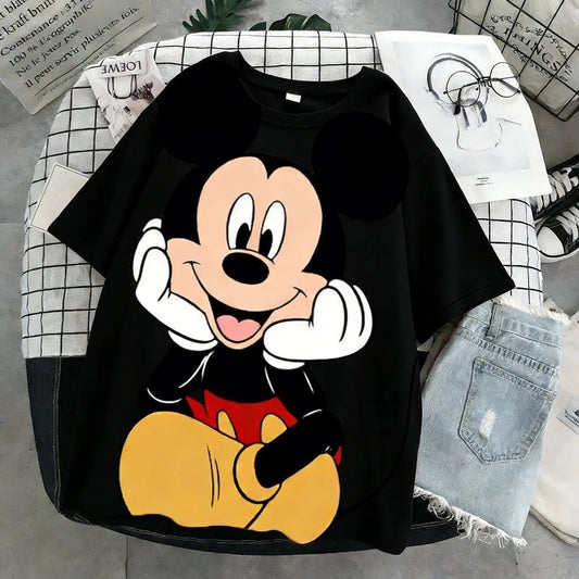 Unisex Mickey and Minnie Mouse cotton couple T‑shirt with cartoon print black