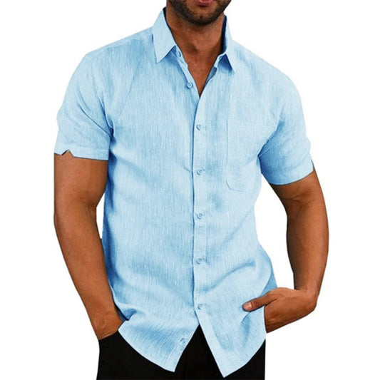 Men's Cotton Linen Summer Short Sleeve Shirt in Solid Color with Turn-down Collar, Casual Plus Size Beachwear  -  blue